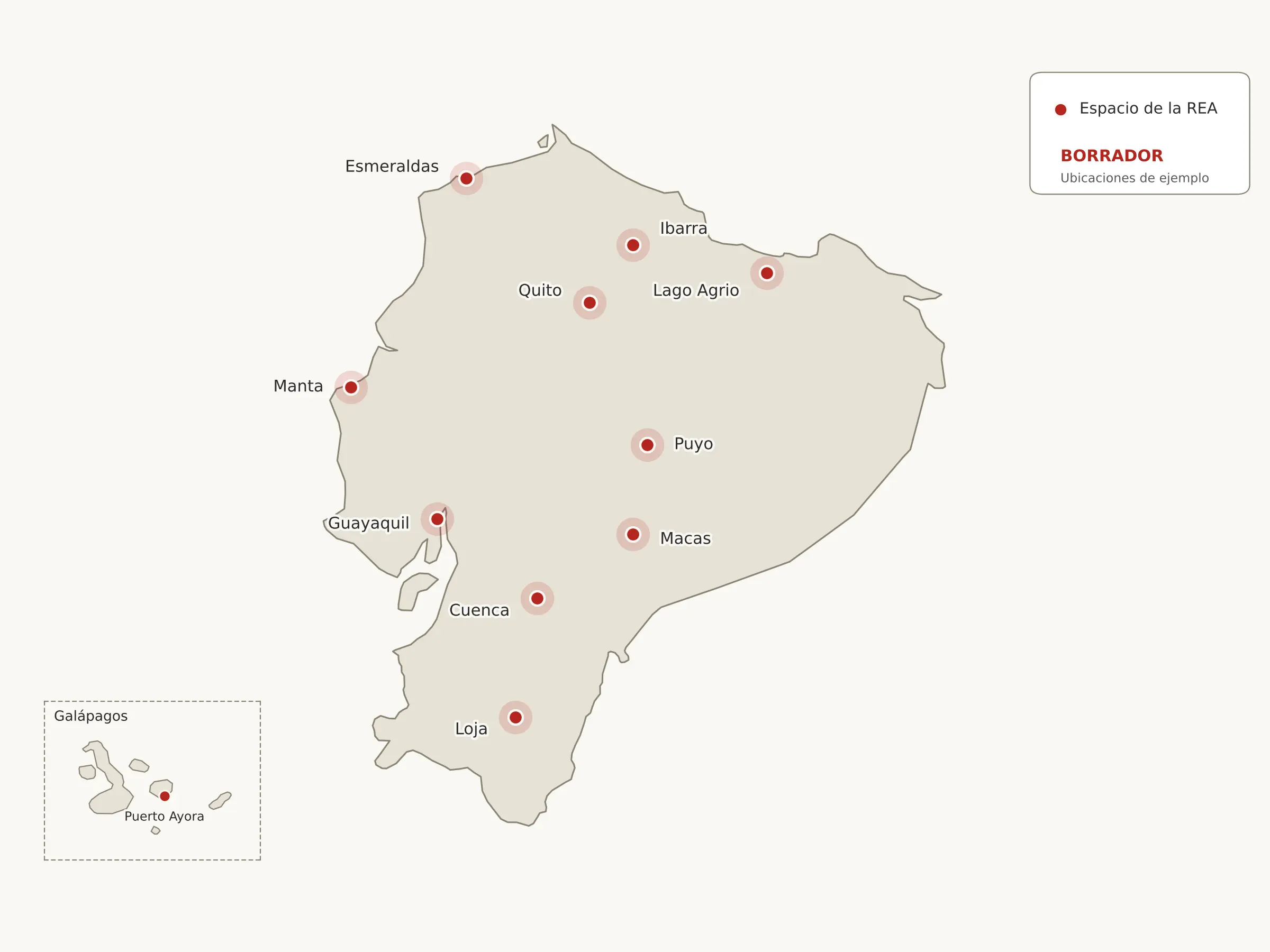Mapa del Ecuador con las ciudades donde existen espacios de la Red de Espacios Audiovisuales